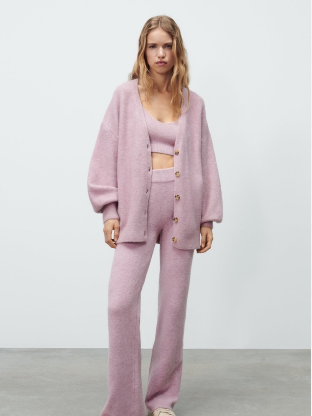 Zara Oversized Balloon Sleeve Button Up Cardigan Sweater Pink